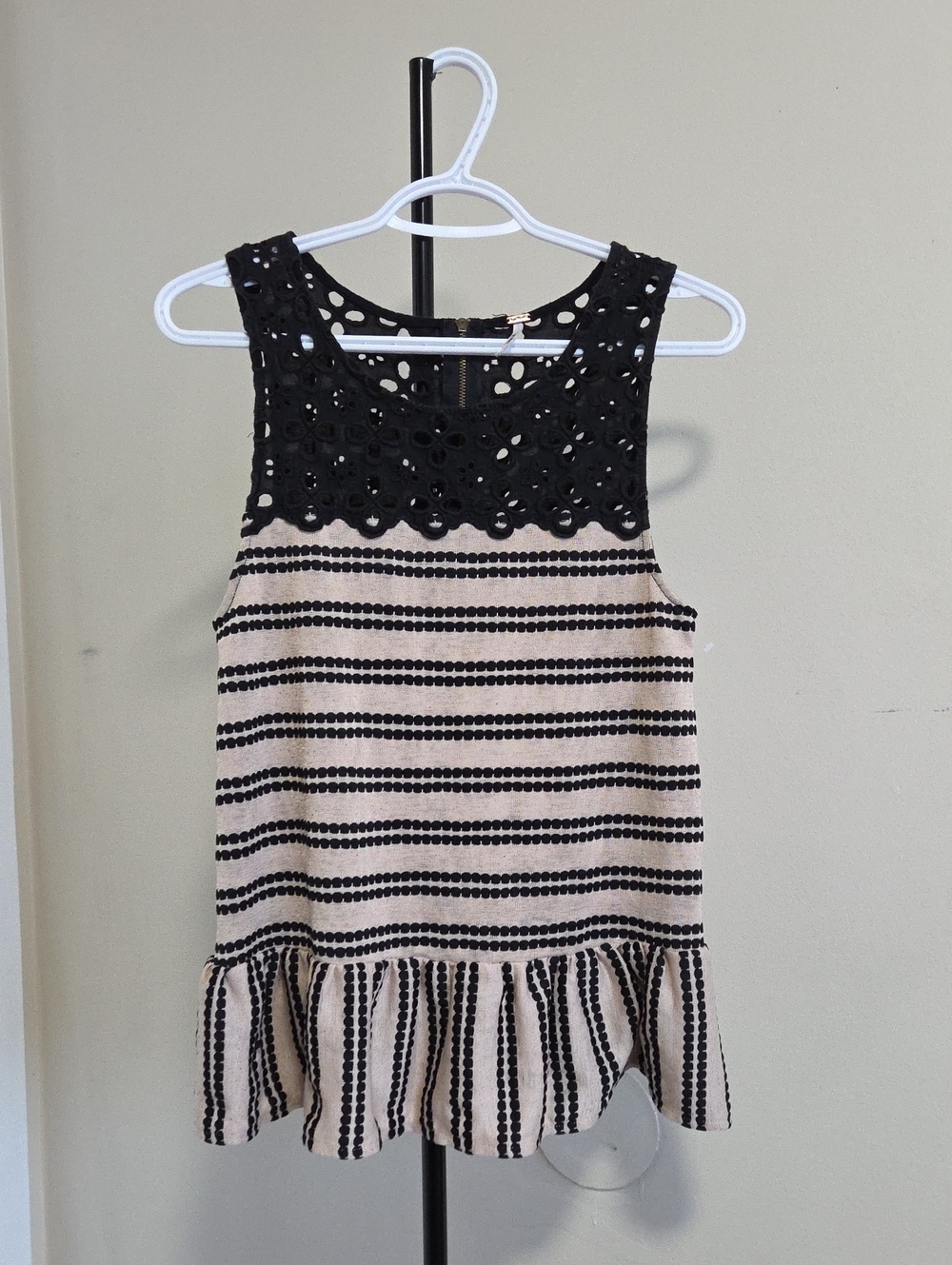Free People Cream and Black Lace Yoke Striped Ruffle Tank